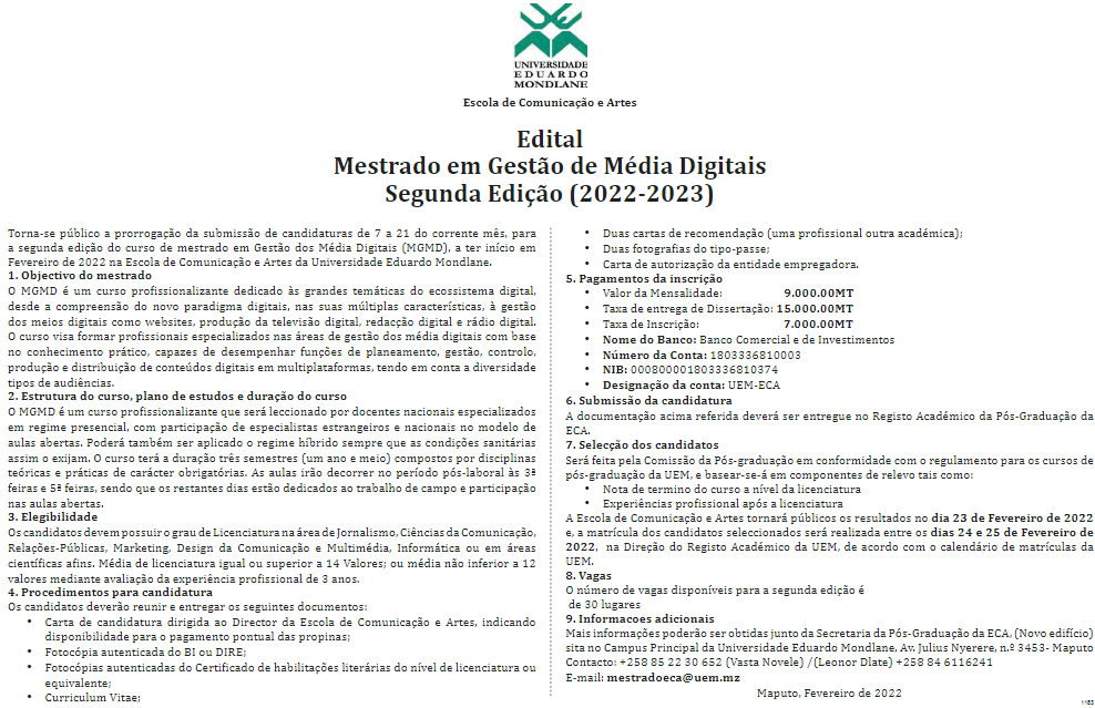 Edital Mestrado em Gestão de Média Digitais Segunda Edição (2022-2023) Universidade Eduardo Mondlane (UEM)